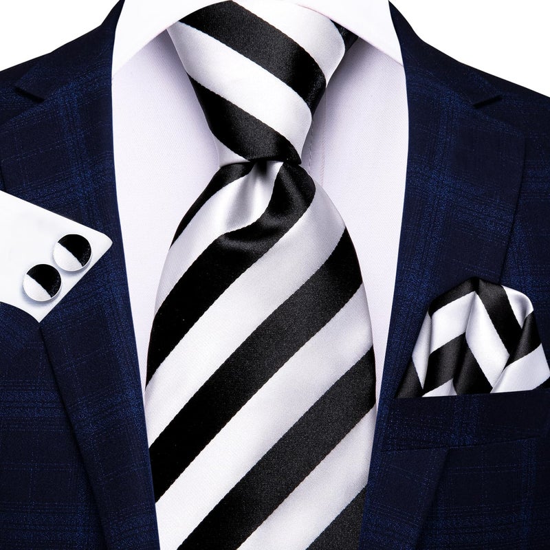 Hi-Tie Silk Ties for Men Plaid Paisley Striped Necktie Pocket Square Cufflinks Set Formal Business,Black White Striped - Image 3